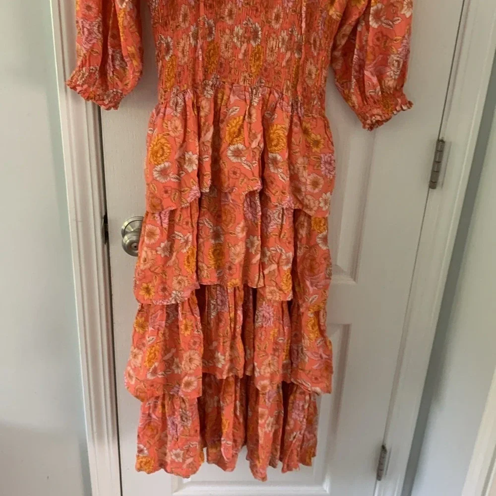 ELF Wrap Dress made by hand Size L birds Floral print ruffle smocked waist tie - Picture 8 of 16